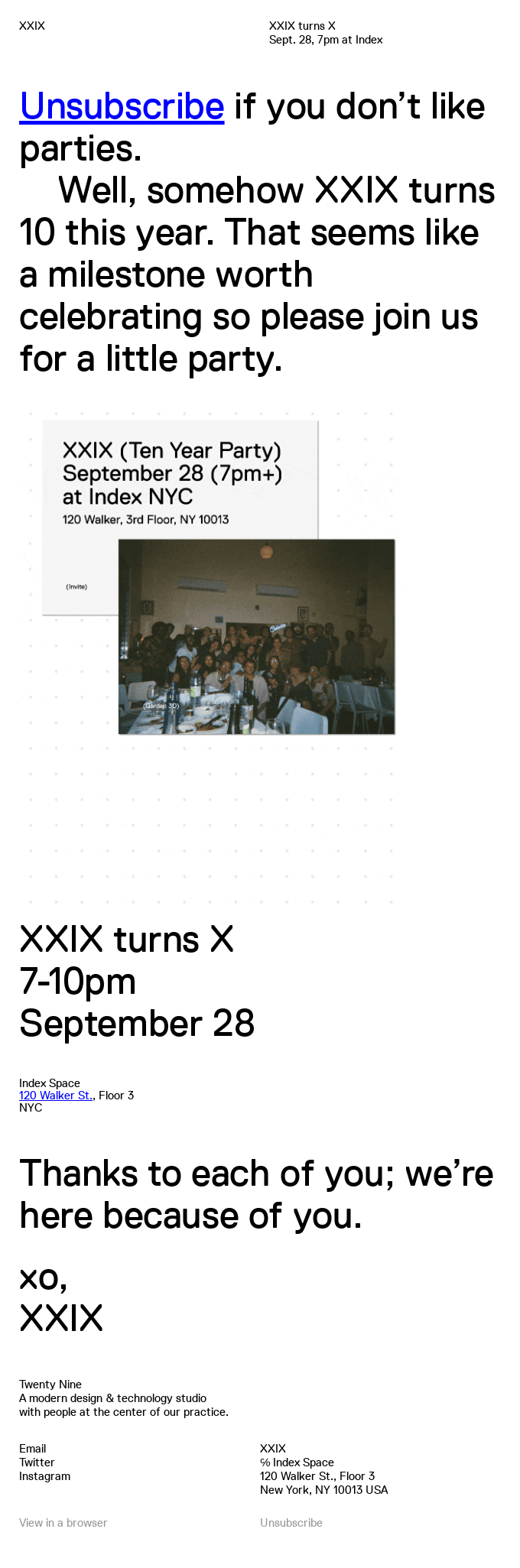 An email announcing the design studio’s ten-year anniversary party with bold text against a white background