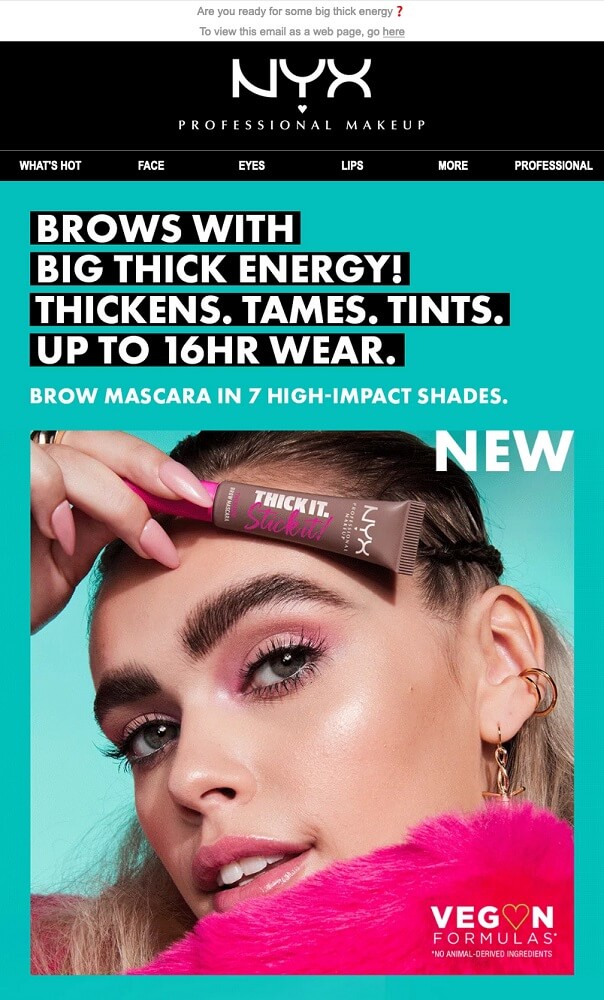 A promotional email from NYX with a tagline “Brows with big thick energy”