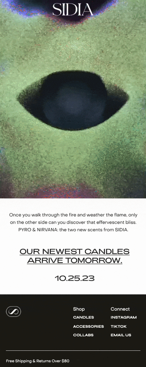 An email with a banner GIF with different images stylized as being taken from a thermal camera and a short metaphorical copy announcing the brand’s new candles