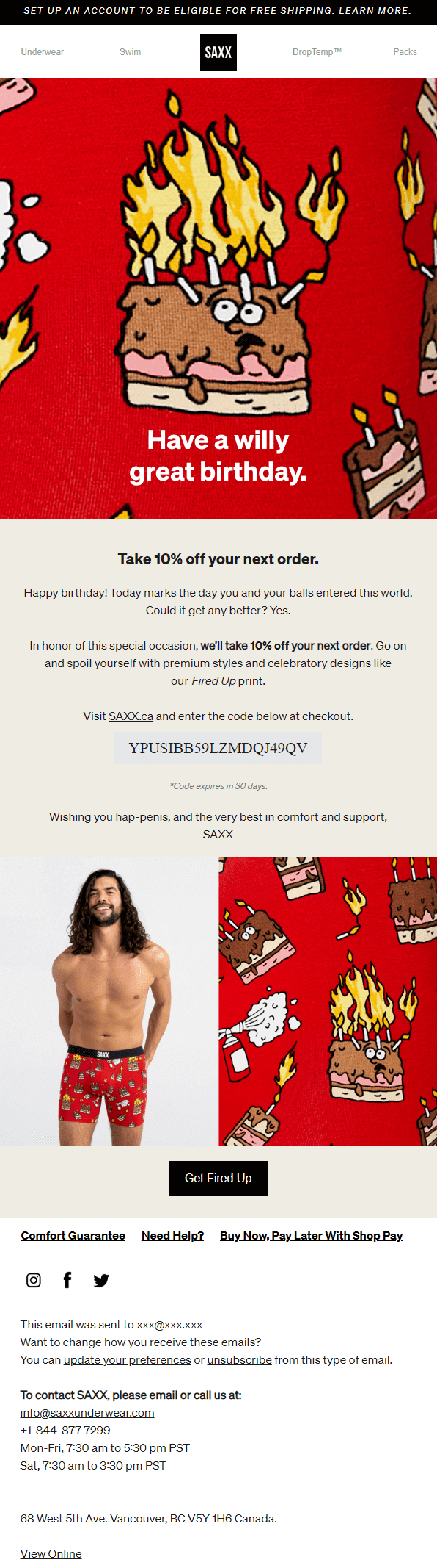 An email with a happy birthday message and a personalized promo code for 10% off