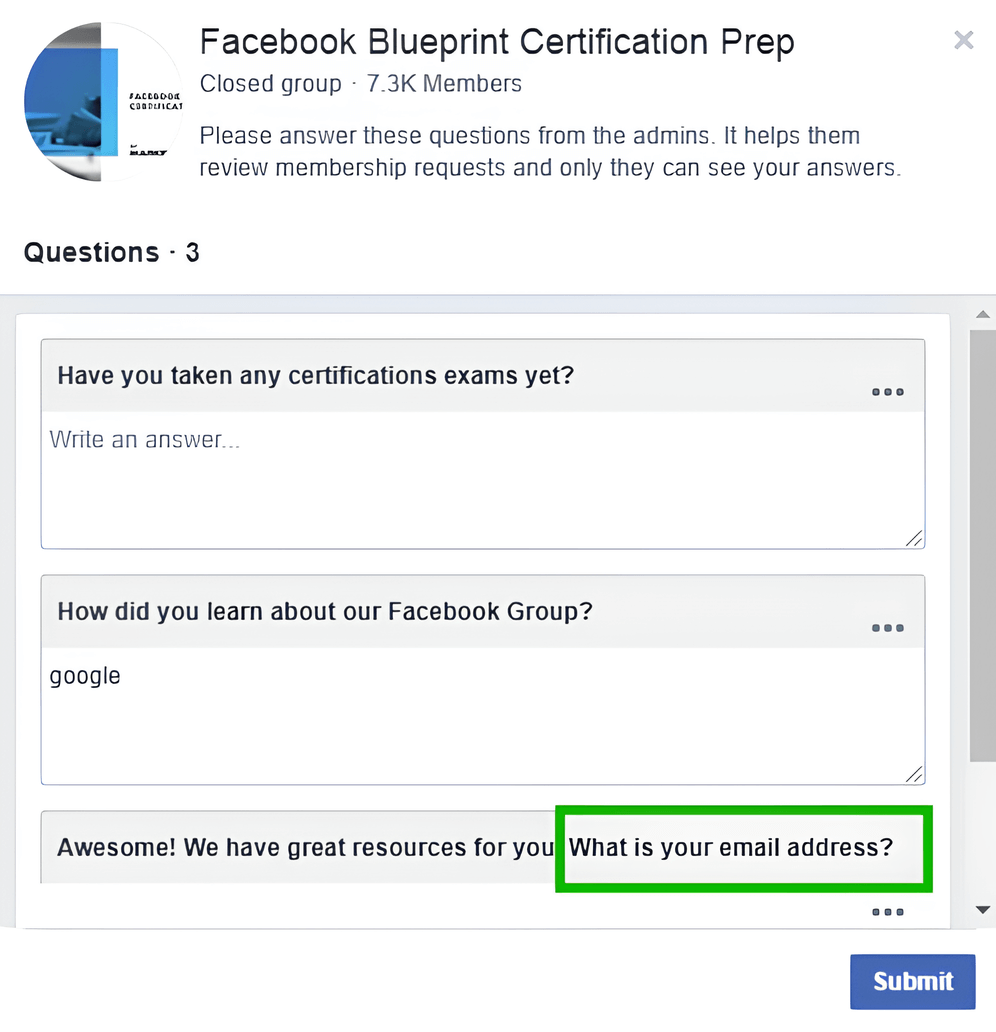 A Facebook membership request form with 3 questions, the last one being about the user’s email address