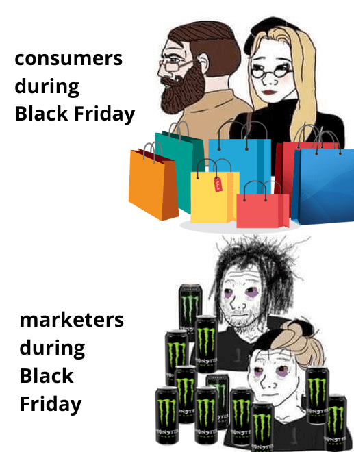 Wojak meme: “consumers during Black Friday” and a very elegant and well-dressed trad man and trad wife surrounded by shopping bags, “marketers during Black Friday” and a couple of tired people with messy hair, under-eye circles, wearing black hoodies, surrounded by Monster cans