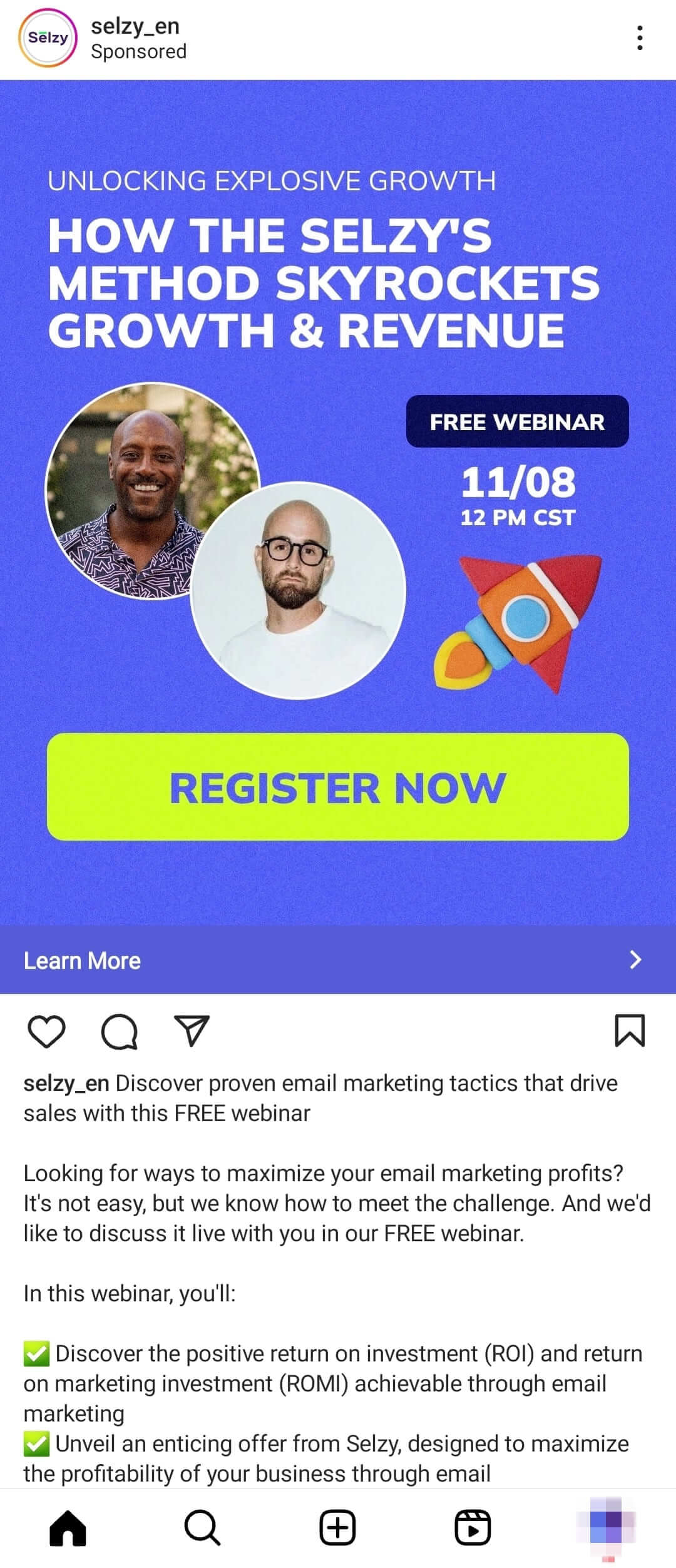 An Instagram ad promoting Selzy’s webinar on email marketing tactics that drive sales