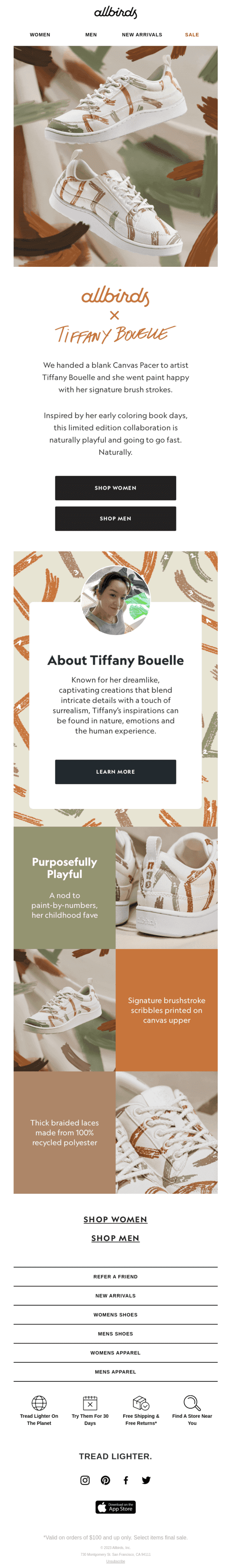 An email promoting the Allbirds collaboration with an artist Tiffany Bouelle and showcasing the limited edition footwear