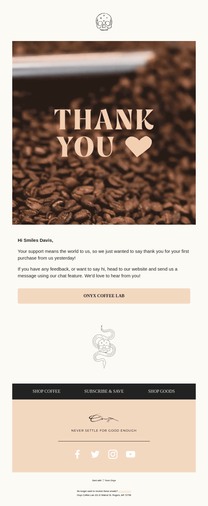 Thank-you email from Onyx Coffee Lab that expresses gratitude for the first purchase and invites customers to use the chat feature on the website