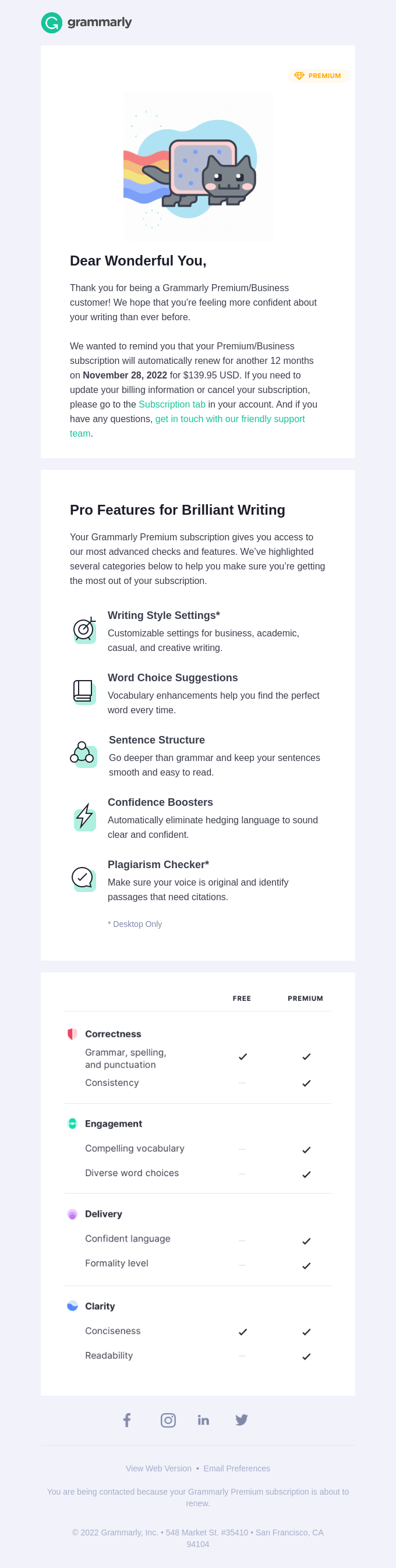 Subscription renewal reminder email from Grammarly that lists Premium features, appreciates customers for choosing their paid plan, and reminds them about the price and the automated money withdrawal
