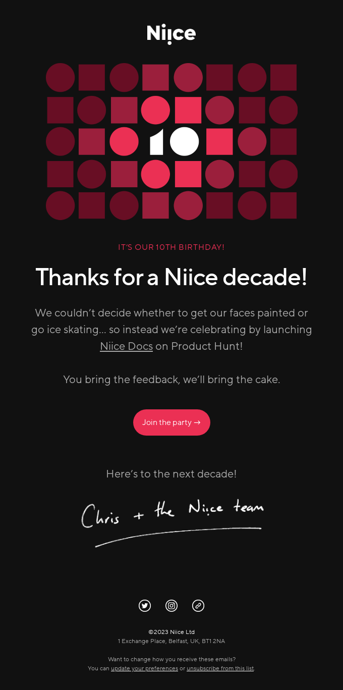 A 10th company anniversary and a Product Hunt launch email from Niice that is written in a very lighthearted tone