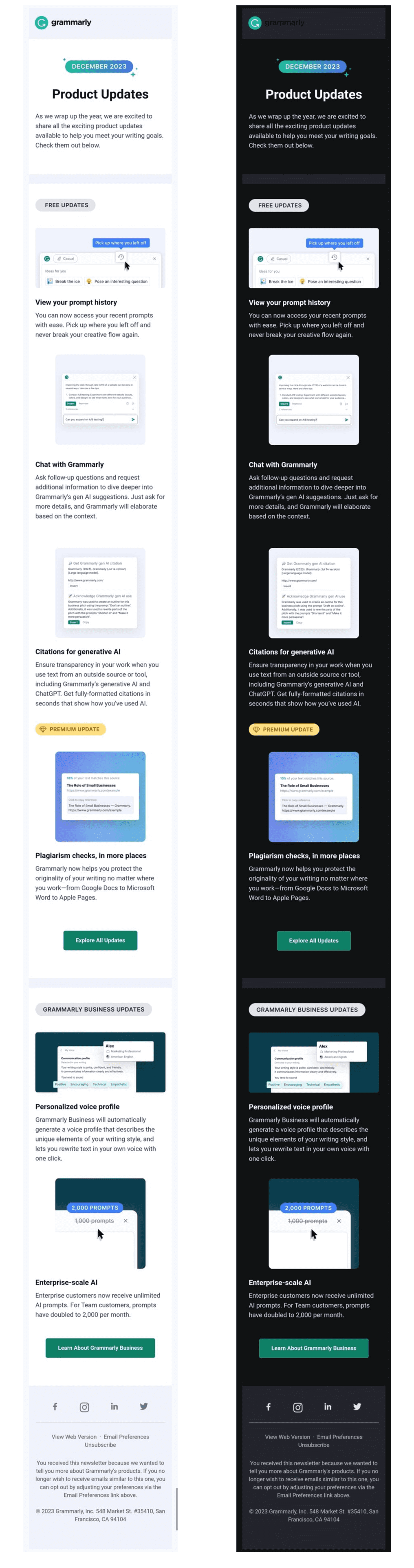 A Grammarly email versions in light and dark modes side by side