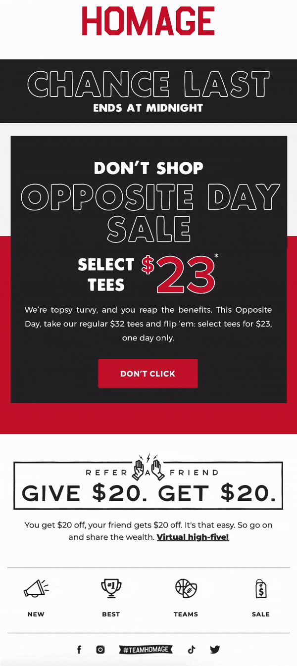 An email with the banner text “Don’t shop the Opposite Day sale” and a GIF of the price changing from $32 to $23