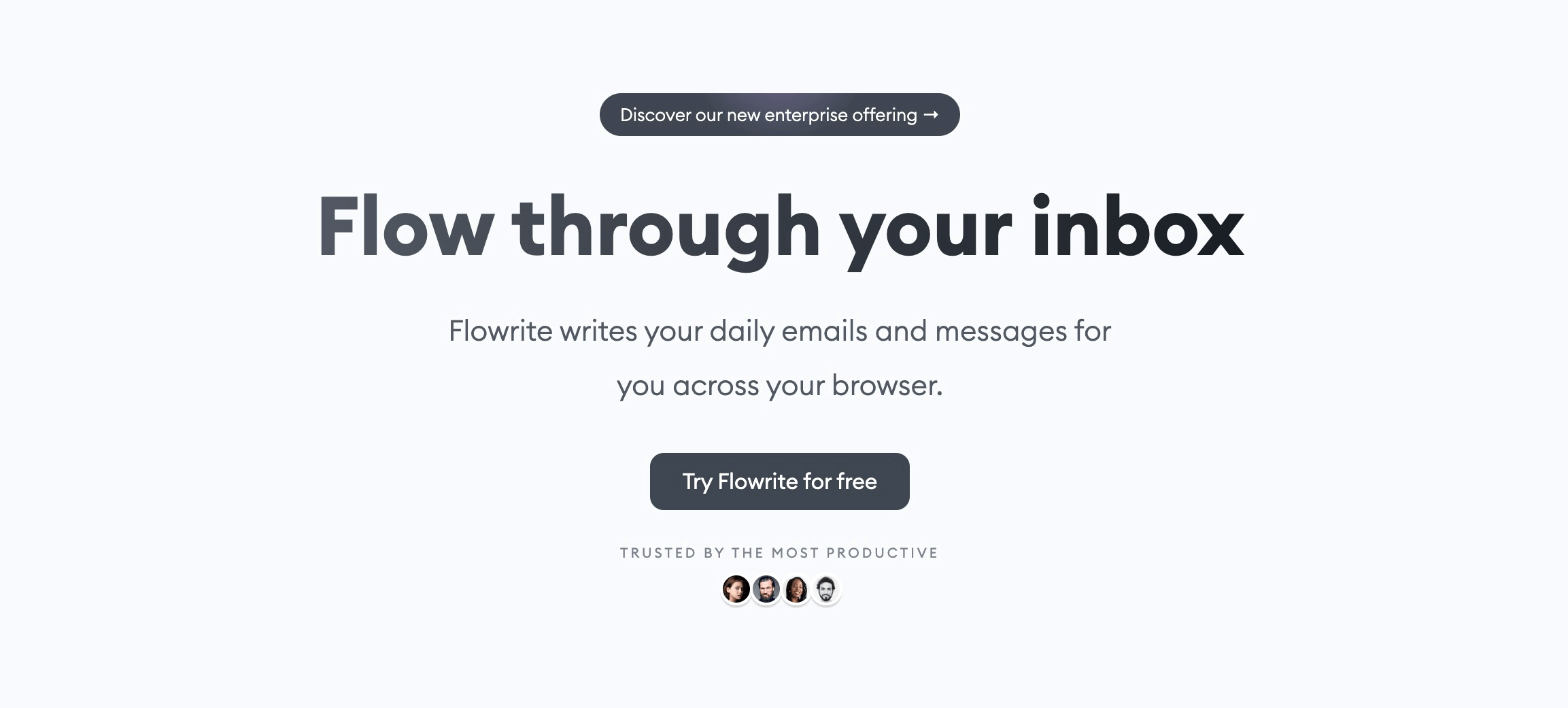 The screenshot features Flowrate's slogan “Flow through your inbox” that emphasizes their focus on writing emails.