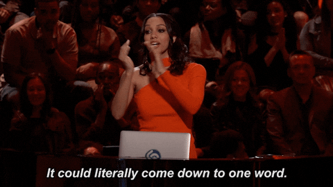 A Beat Shazam game show GIF where a woman says “It could literally come down to one word”