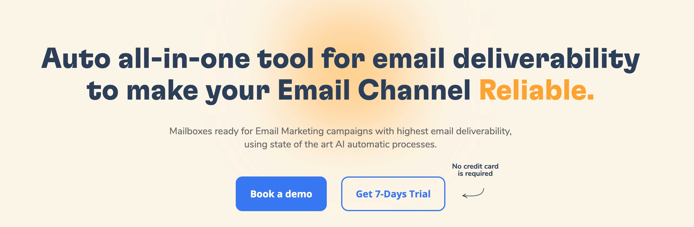 Warmy’s front page offers “auto all-in-one tool for email deliverability to make your email channel reliable”.