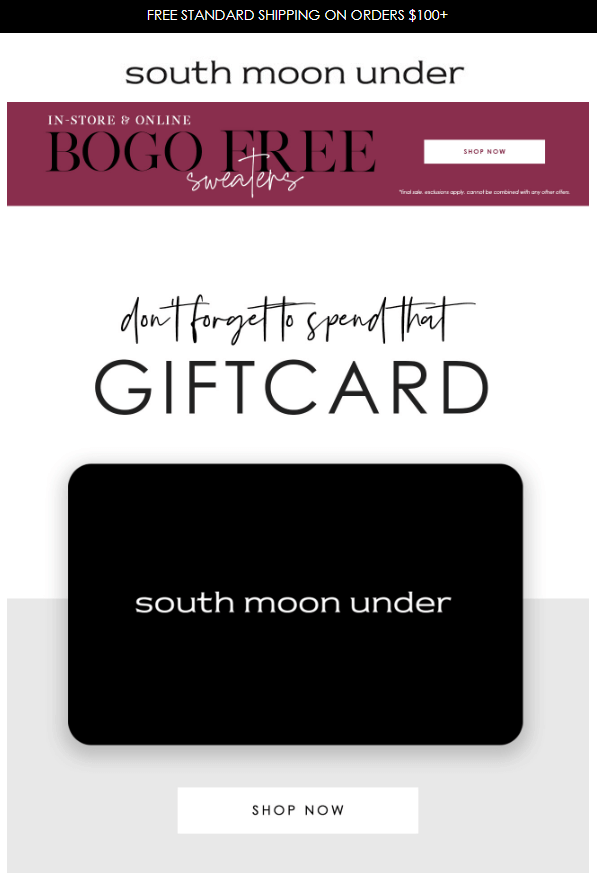 South Moon Under reminds the gift cardholder to spend their gift card before it expires in an email.