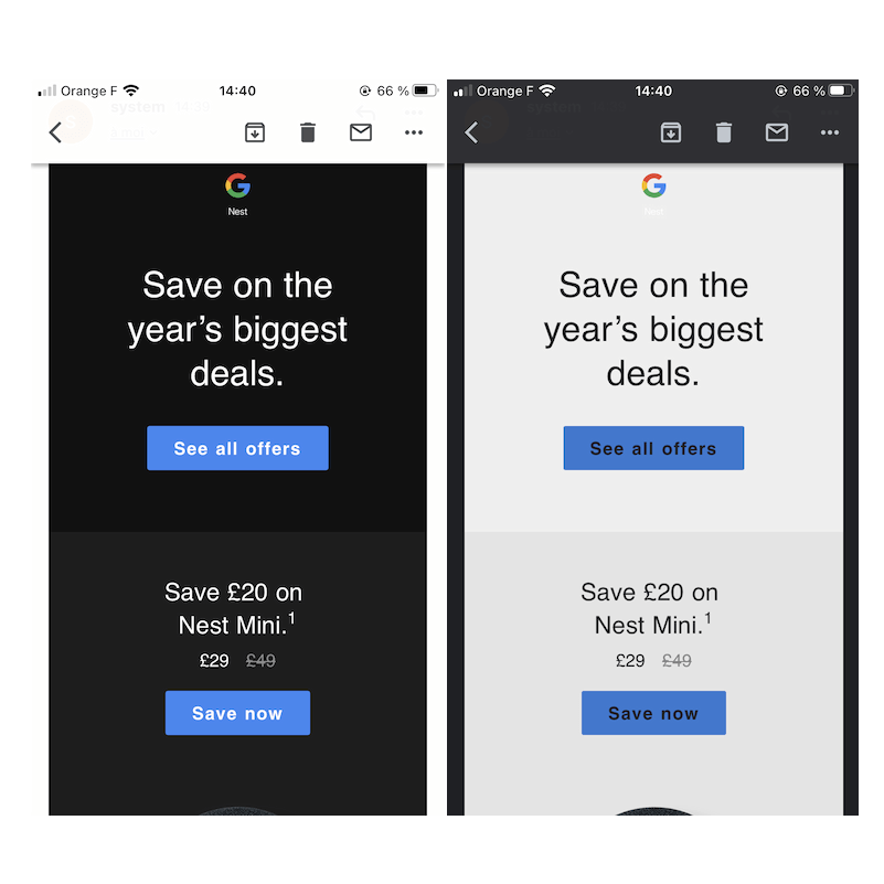 With Gmail’s dark mode on, an originally “dark” email with white text on a black background turns into an email with black text on a light gray background
