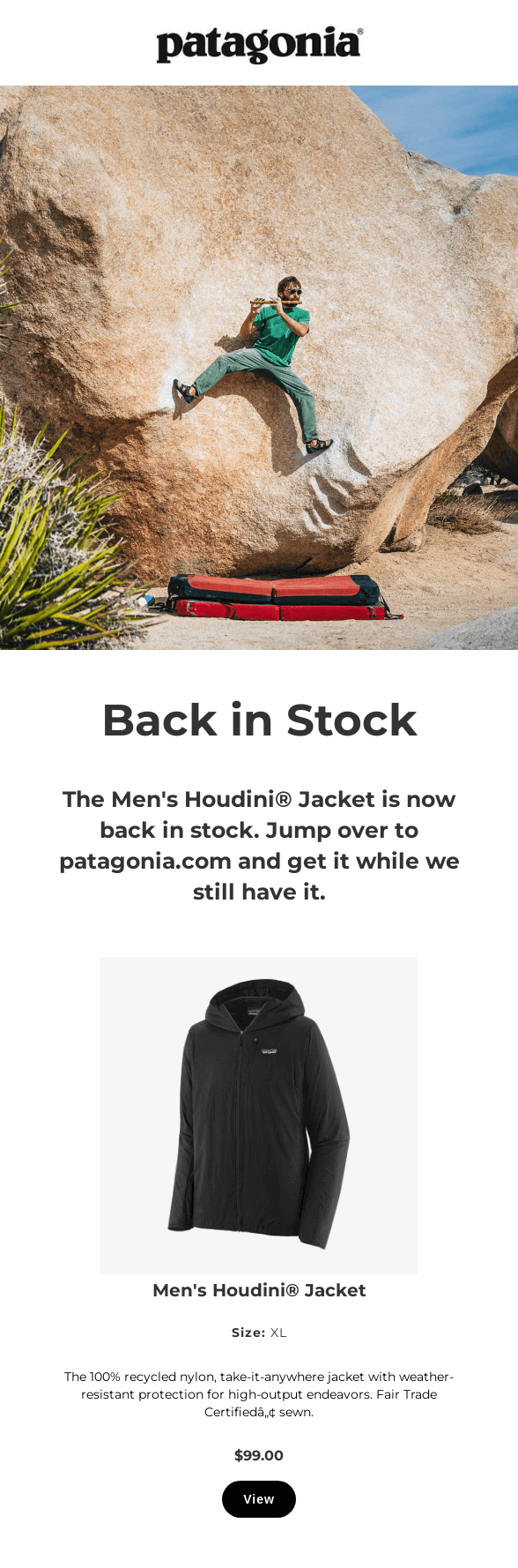 Patagonia notifies the subscriber that a men's black jacket, made from 100% recycled nylon with weather-resistant protection, is now back in stock.