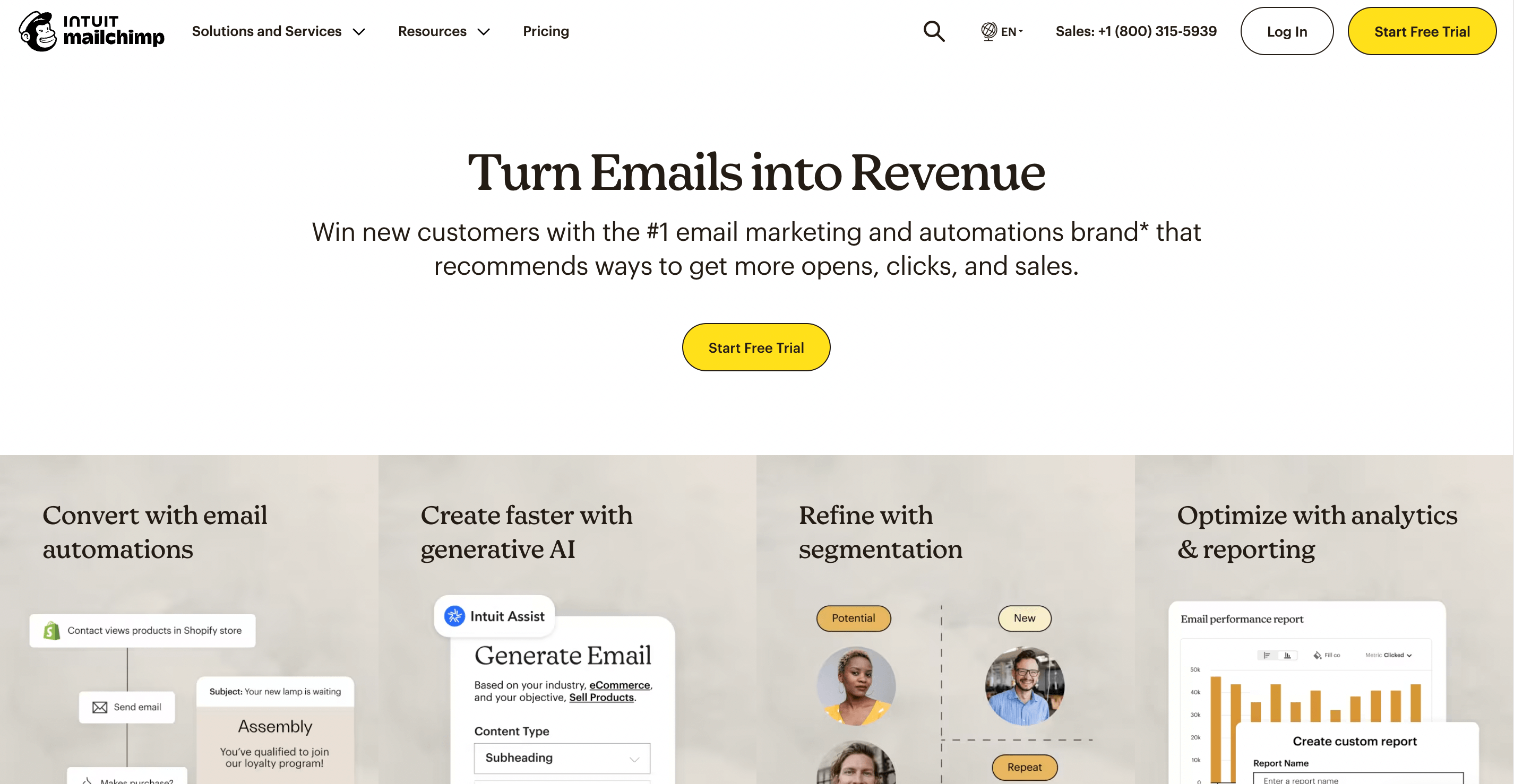 The Mailchimp home page, featuring a headline that says, “Turn emails into revenue.”