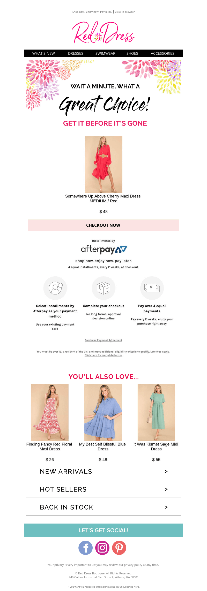 A cart abandonment email from Red Dress. The email features a link to checkout, payment option description, and product recommendations.