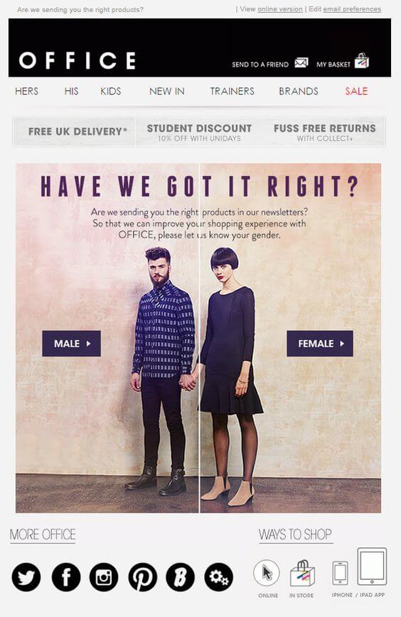 OFFICE prompts the subscriber to confirm interest in the contents of the newsletter by choosing either men’s or women’s clothing collection.
