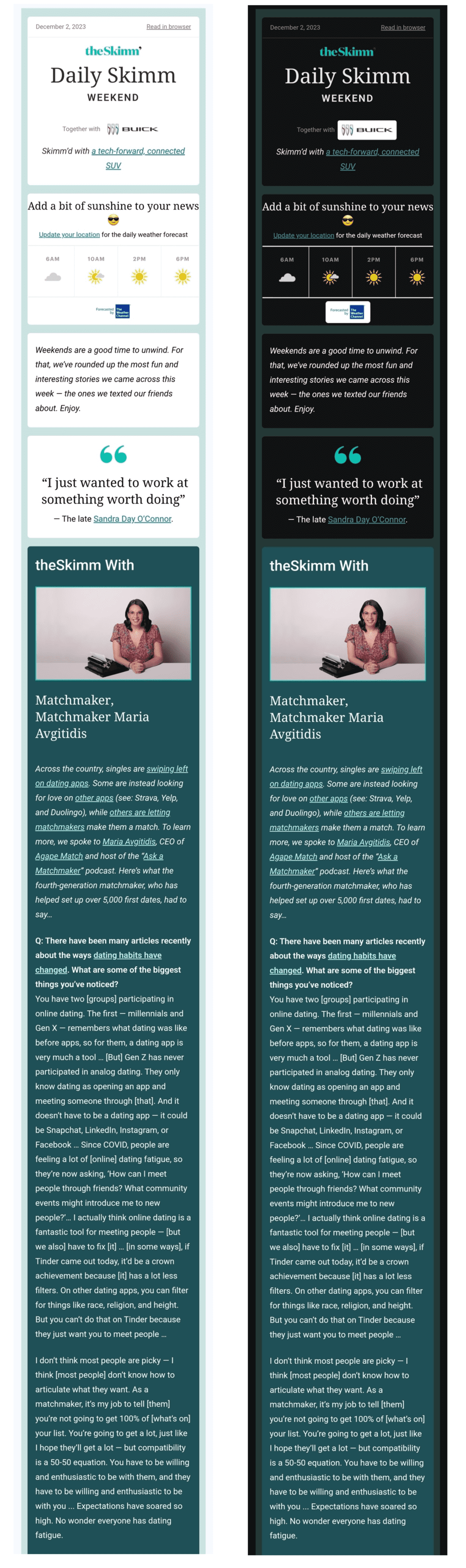 Two versions of email from theSkimm side by side — light mode and dark mode