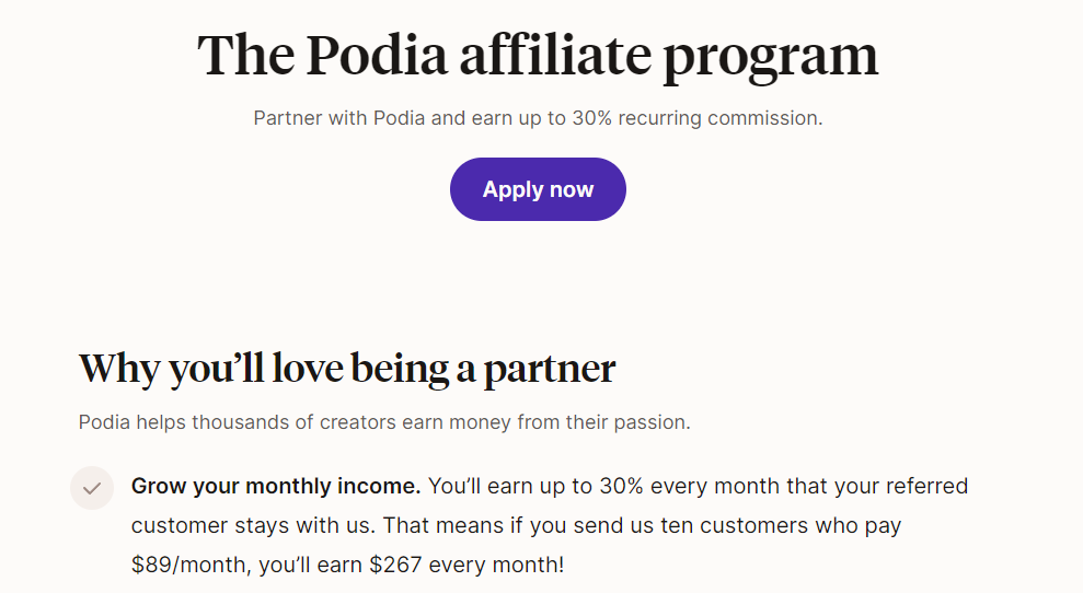 Podia affiliate program offers up to 30% recurring commission.