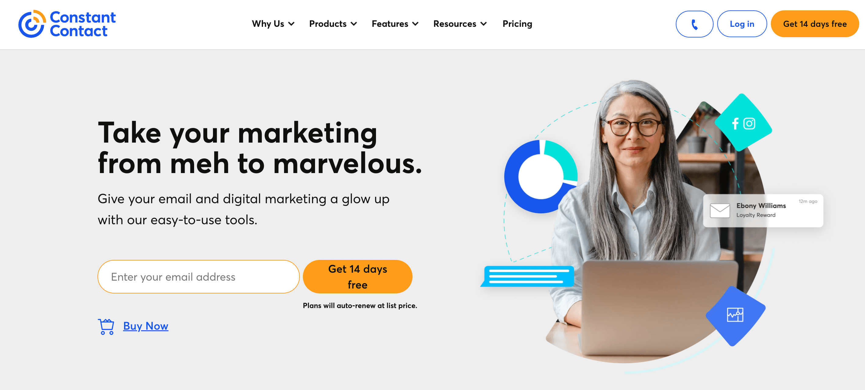 The Constant Contact home page, featuring a headline that says, “Take your marketing from meh to marvelous.”