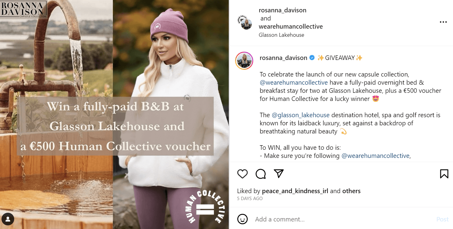 Competition Instagram post of a woman wrapped in a hat and jumper and a photo of an outdoor bath, announcing a competition to win a fully-paid B&B and €500 voucher