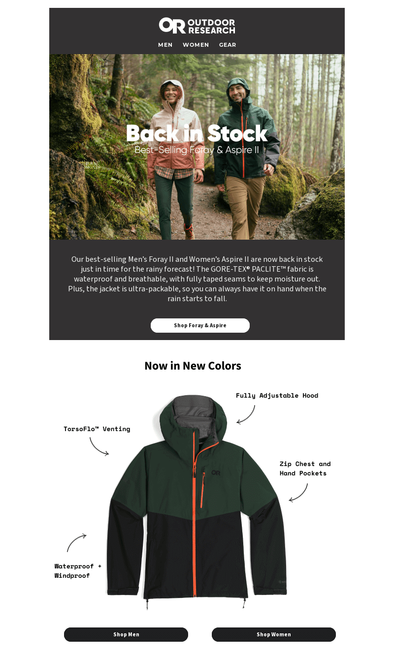 A back-in-stock email from Outdoor Research. The email contains an attractive hero image, a description of the product’s benefits, and three CTA buttons.