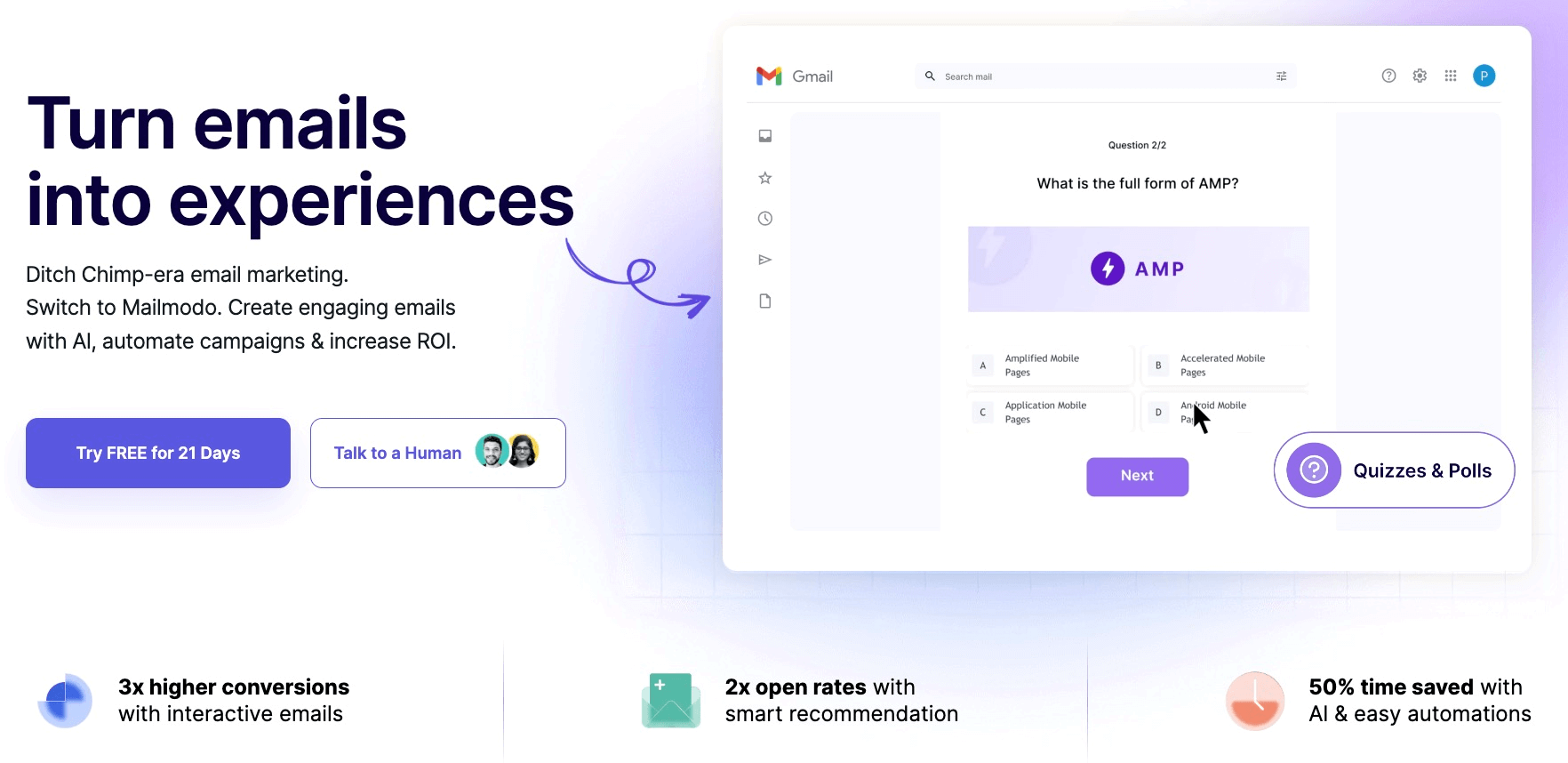 Mailmodo's front page slogan invites visitors to “turn emails into experiences” by employing AI to create engaging emails