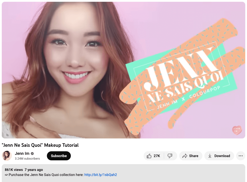 Screenshot from youtube account Jenn Im. Jenn is smiling next to the makeup logo and about to do a makeup tutorial using her new product collaboration with Colourpop