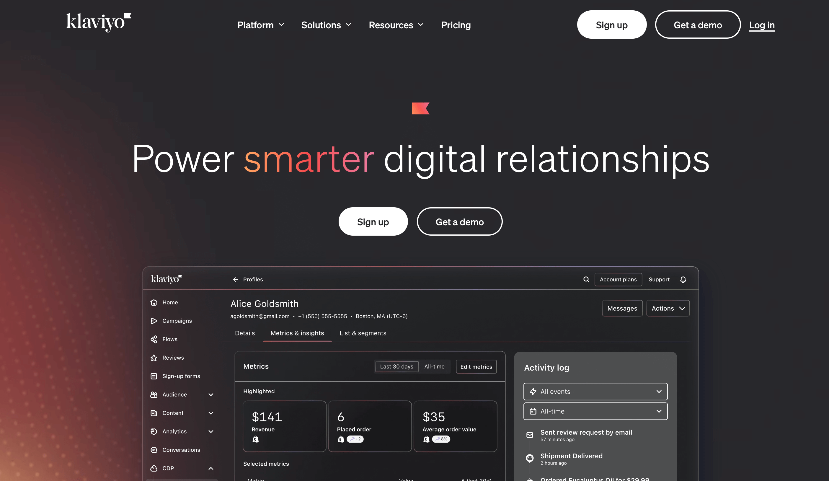 The Klaviyo home page, featuring a headline that says, “Power smarter digital relationships.”