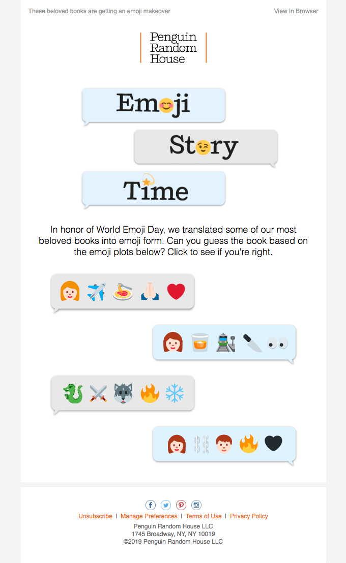 A newsletter with a game where one should guess a novel by a line of emojis describing the storyline