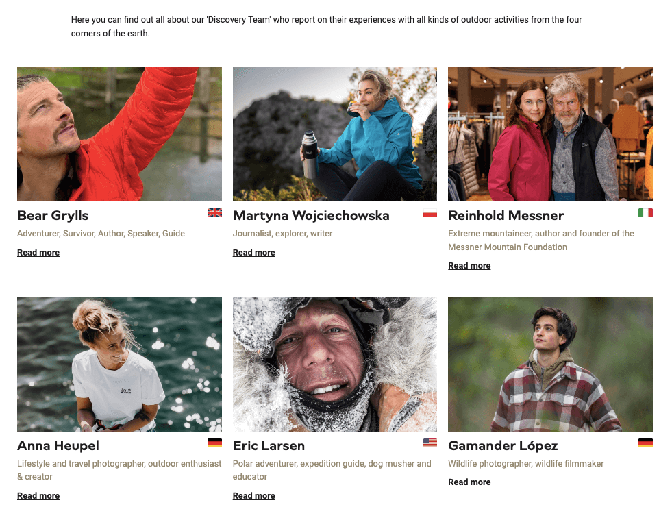 Screenshot taken from Jack Wolfskin’s site, with a list, description, and photos of their different brand ambassadors from all over the world