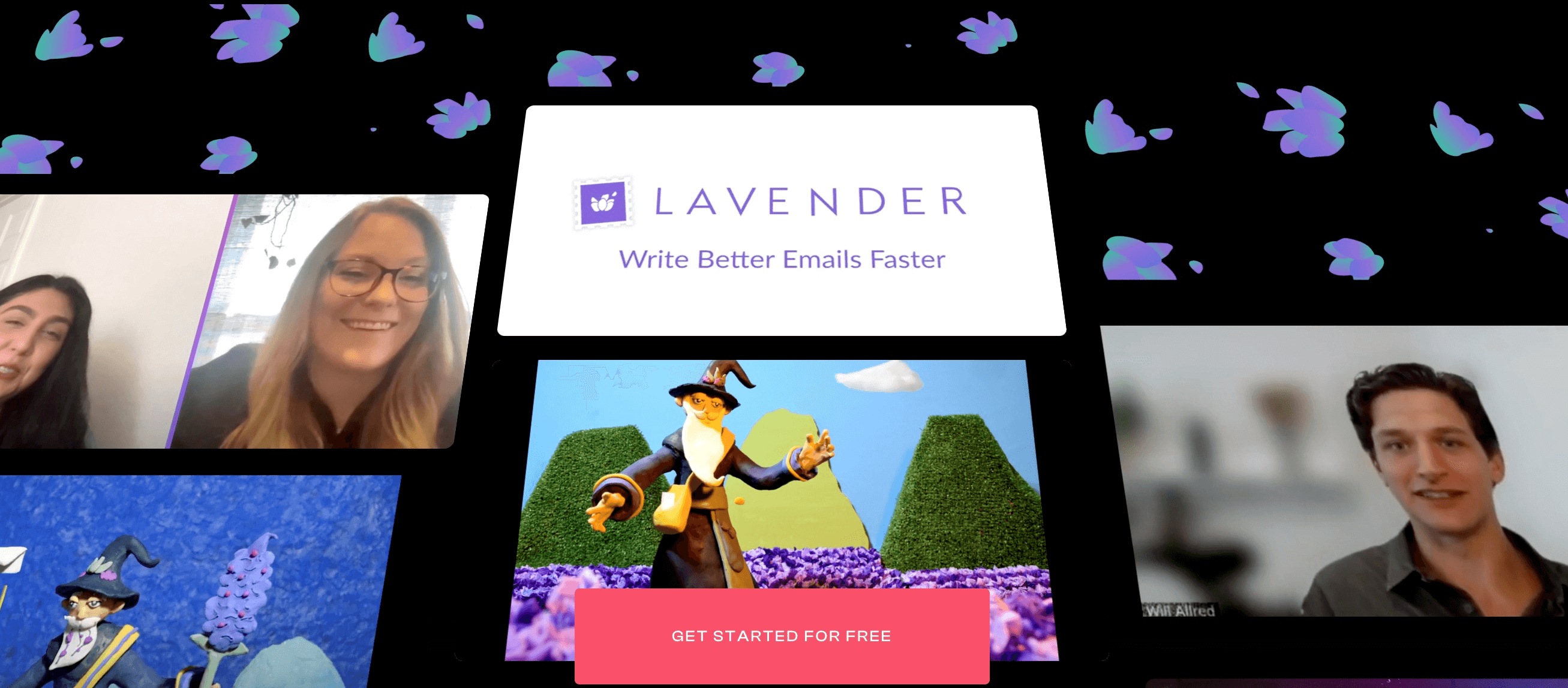 Lavender's website showcases short GIFs demonstrating interactive emails created with their tool and offers glimpses of coaching sessions with experts.