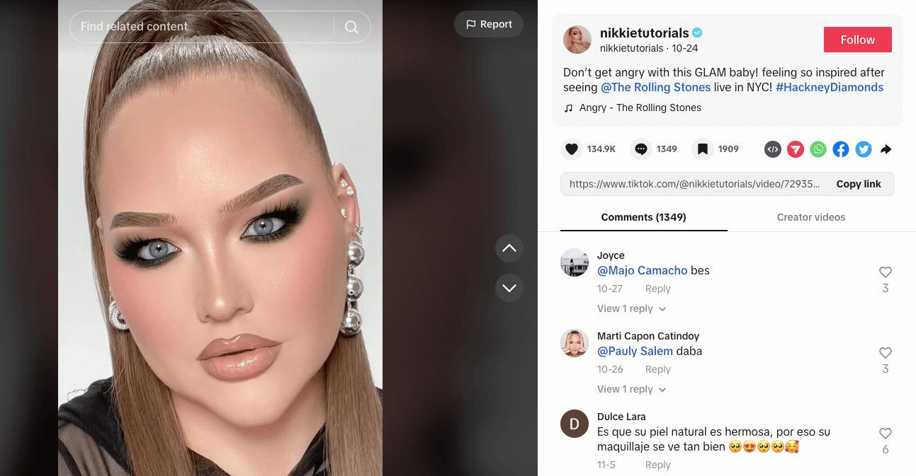 Screenshot from nikkietutorials TikTok account, showing the final result of her Rolling Stones makeup tutorial