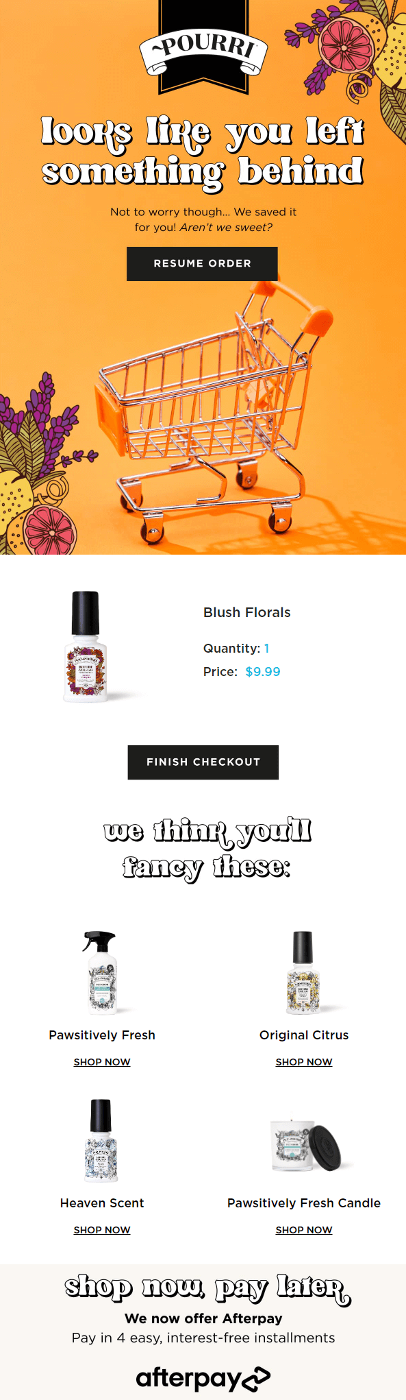 Poo-Pourri reminds the subscriber about the Blush Florals toilet spray left in the cart and offers their other home fragrance products.