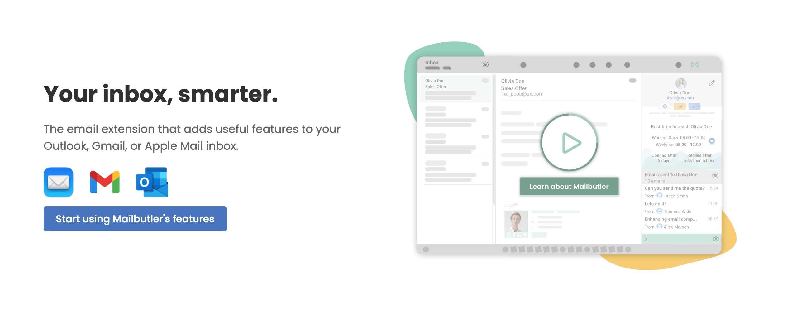 Mailbutler's website, highlighting the smarter inbox assistant.