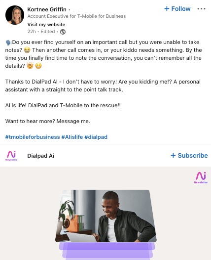 Screenshot from Kortnee Griffin’s Linkedin post where she describes the benefits of using Dialpad AI