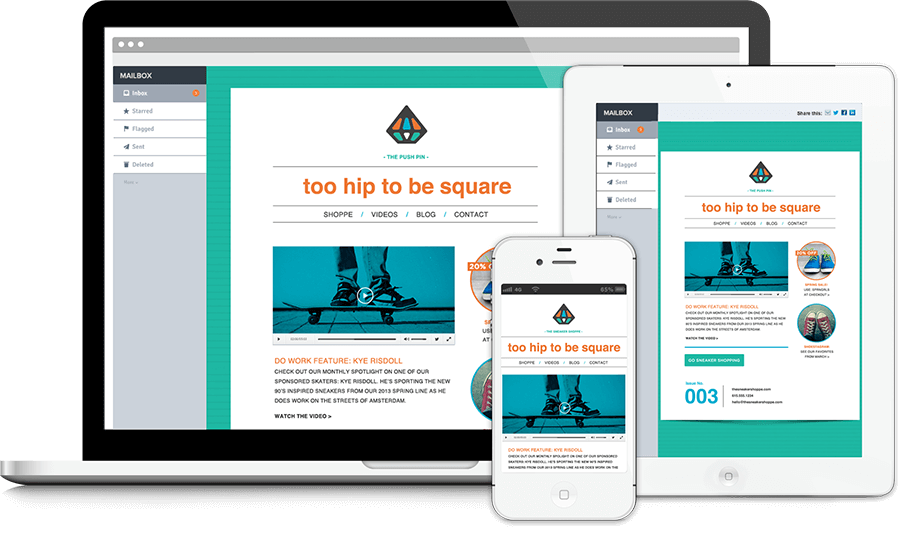 An example of a responsive email that adjusts the layout depending on the screen size and looks great on desktop devices, tablets, and smartphones