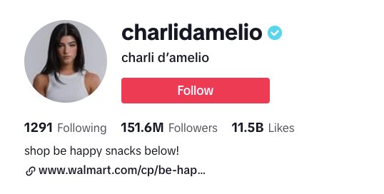 Screenshot from Charli D’Amelio’s TikTok account, showing her profile picture and that she has 151.6 million followers