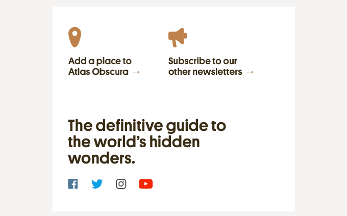 The section at the bottom of the Atlas Obscura newsletter featuring small yet easy-to-spot social media icons.