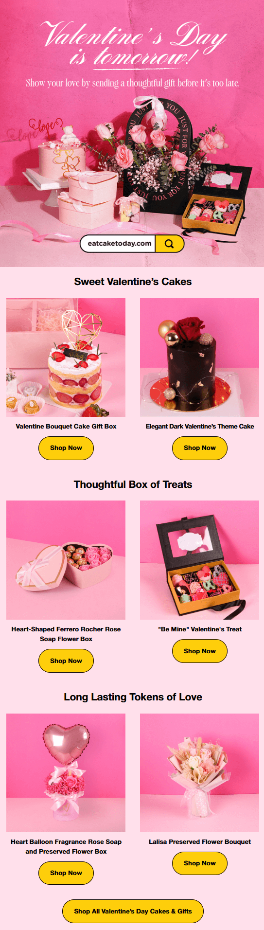 Valentine’s Day email gift guide from Eat Cake Today that includes different gift options like cakes, treat boxes, flowers, and soap