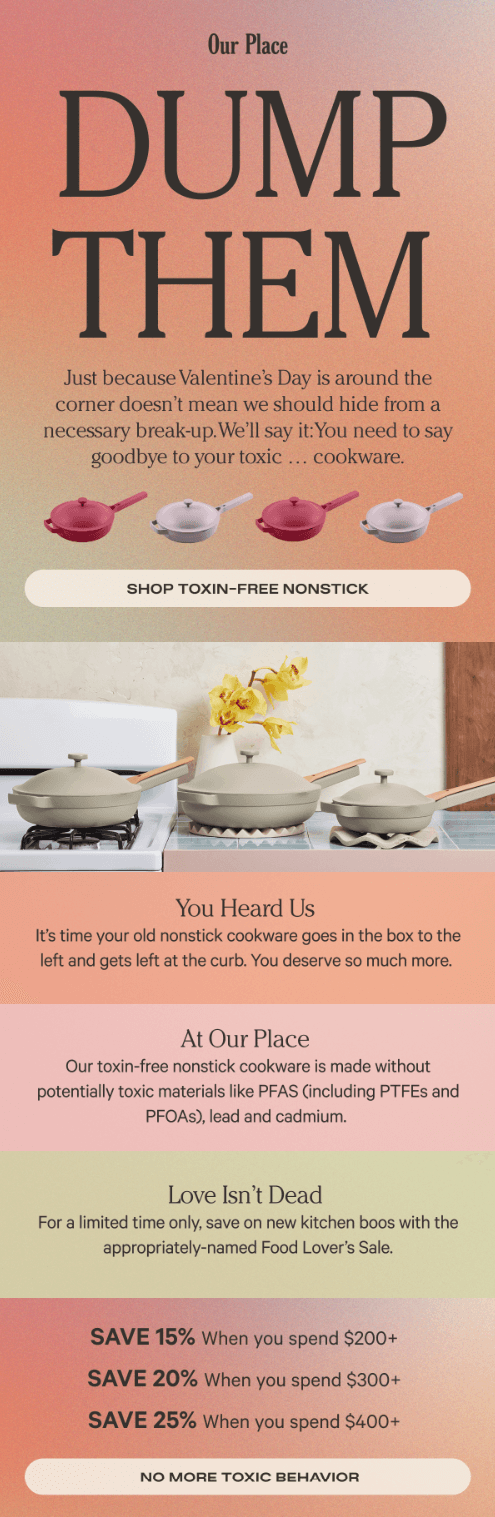 A Valentine’s Day email from Our Place with the tagline DUMP HIM and an invitation to buy non-toxic cookware