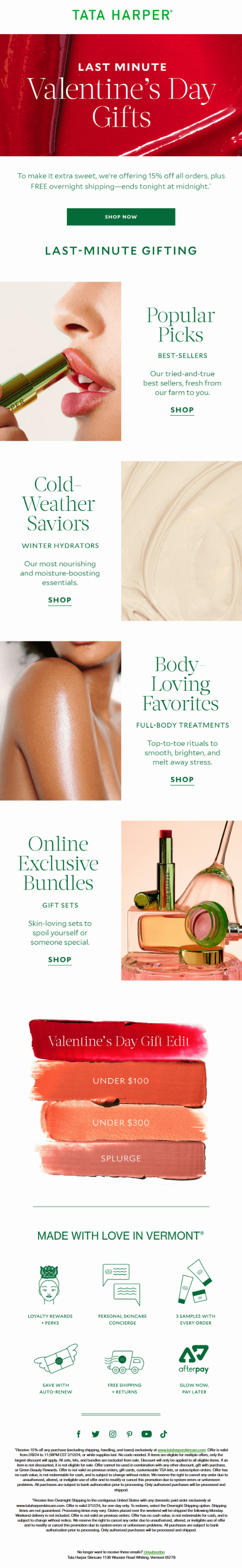 Valentine’s Day email from Tata Harper showcasing selections of gifts including “body-loving favorites”, cosmetics useful in winter, bestsellers, and online-exclusive bundles