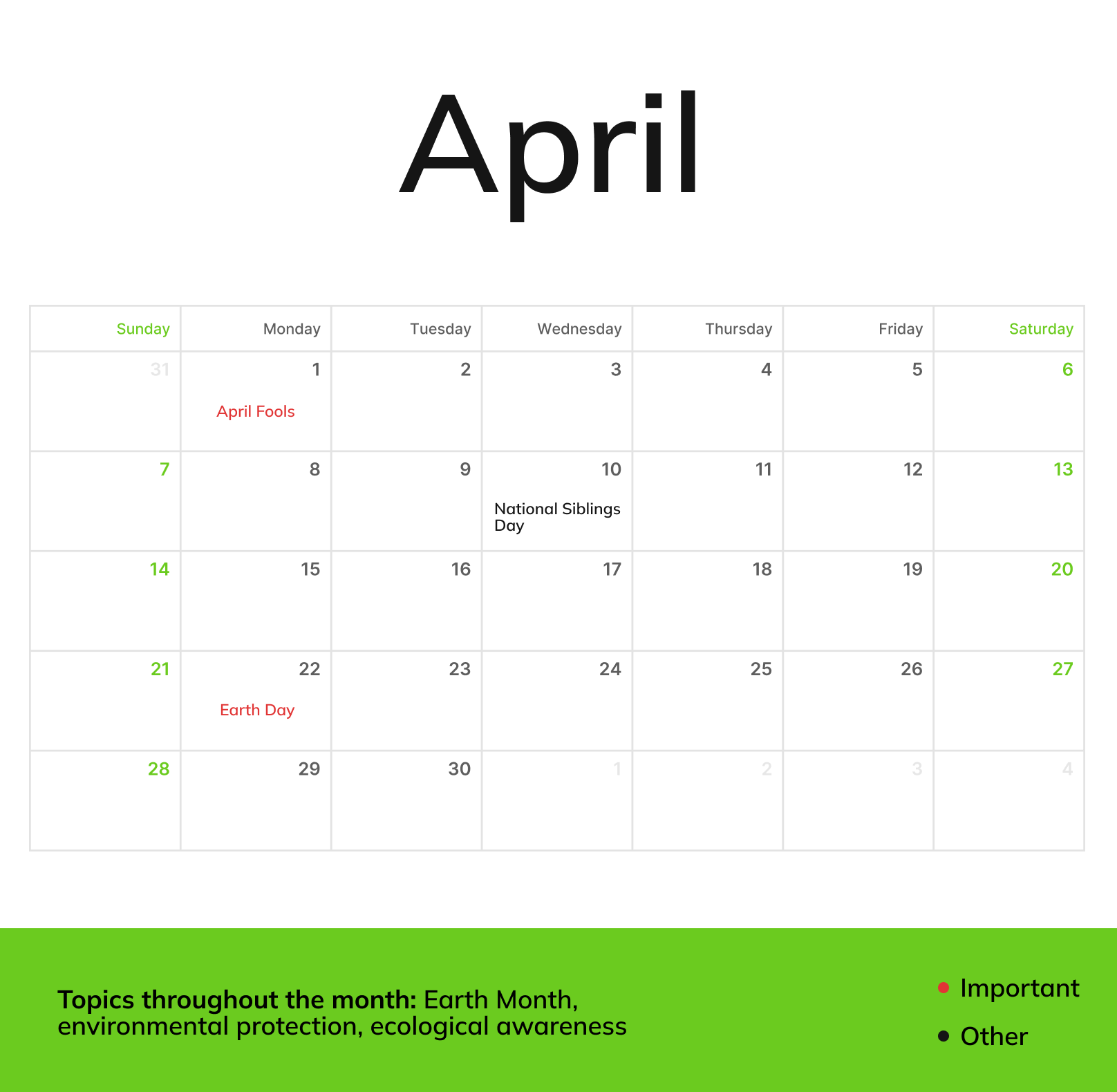An April monthly calendar with holidays and topics throughout the month being Earth Month, environmental protection, ecological awareness