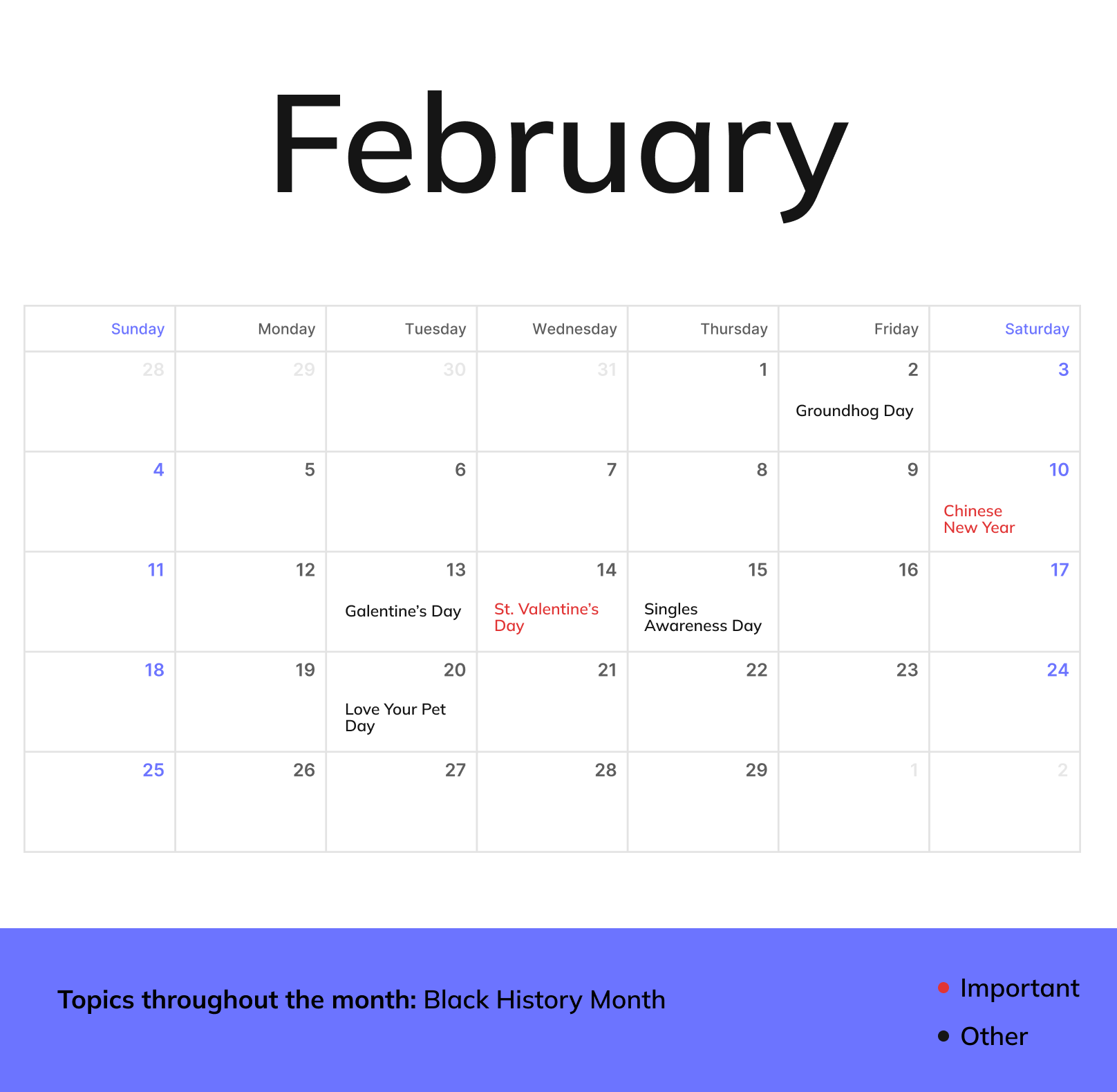 A February monthly calendar with holidays and topics throughout the month being Black History Month