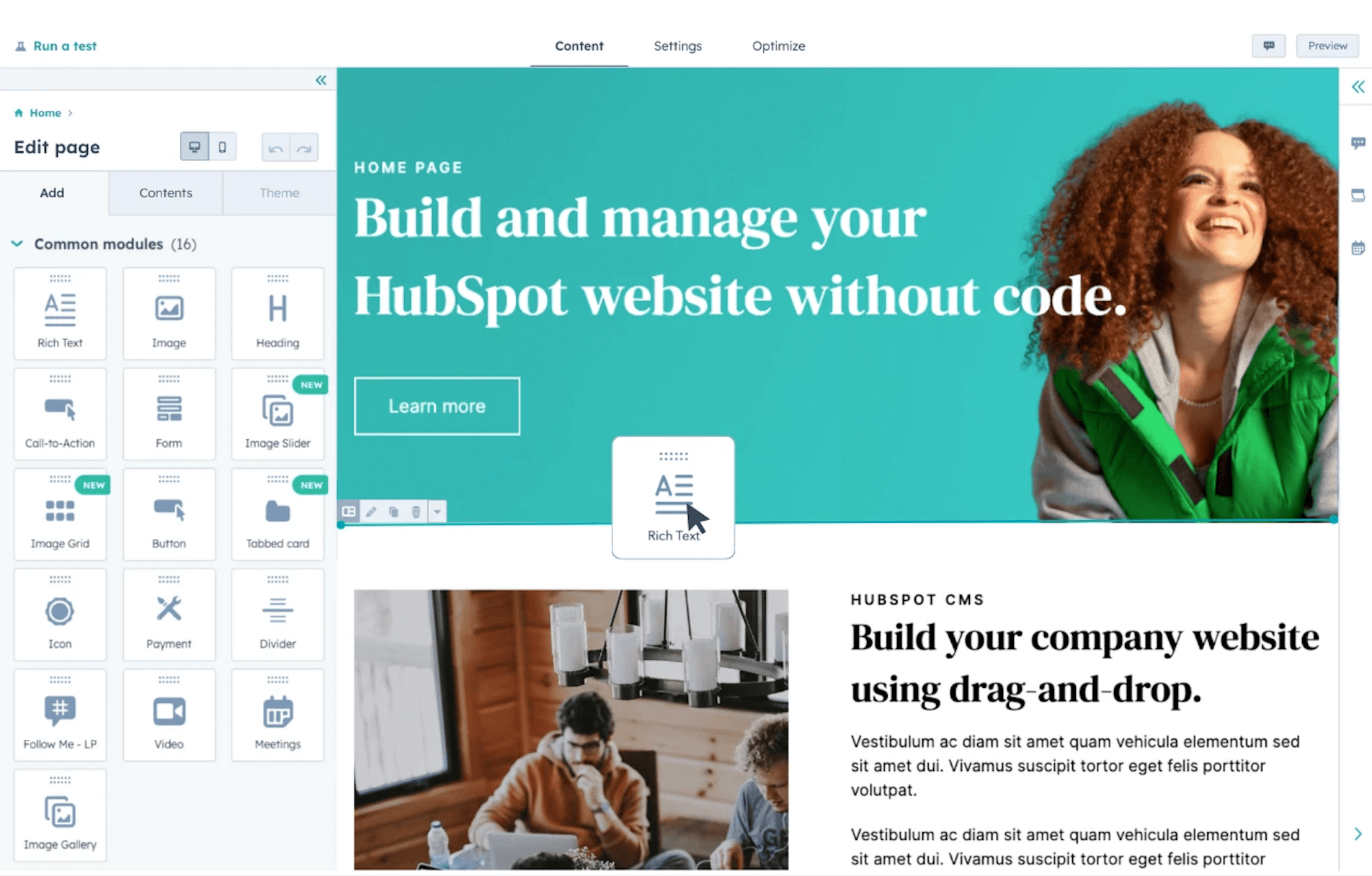HubSpot website builder interface