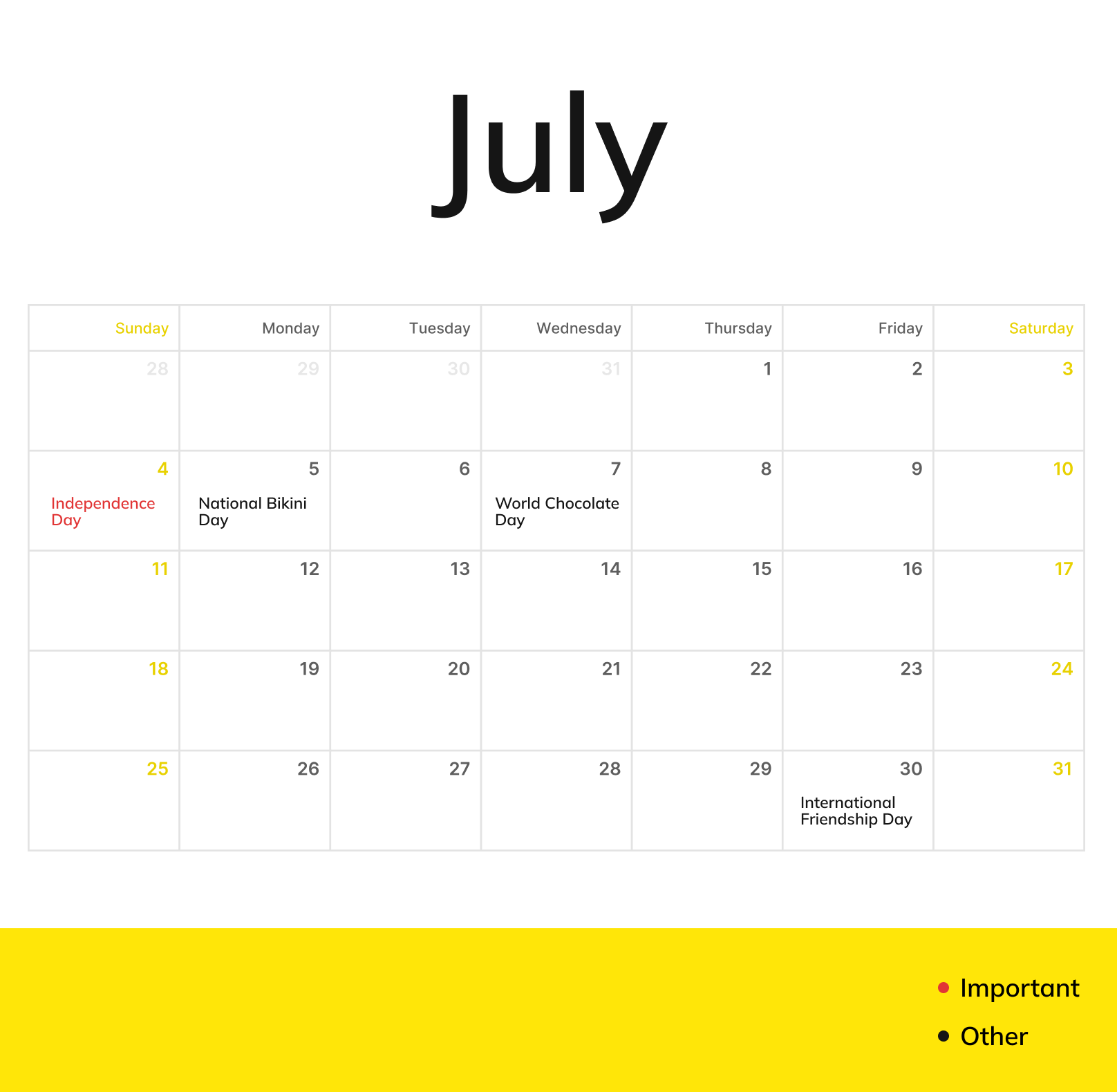 A July monthly calendar with holidays