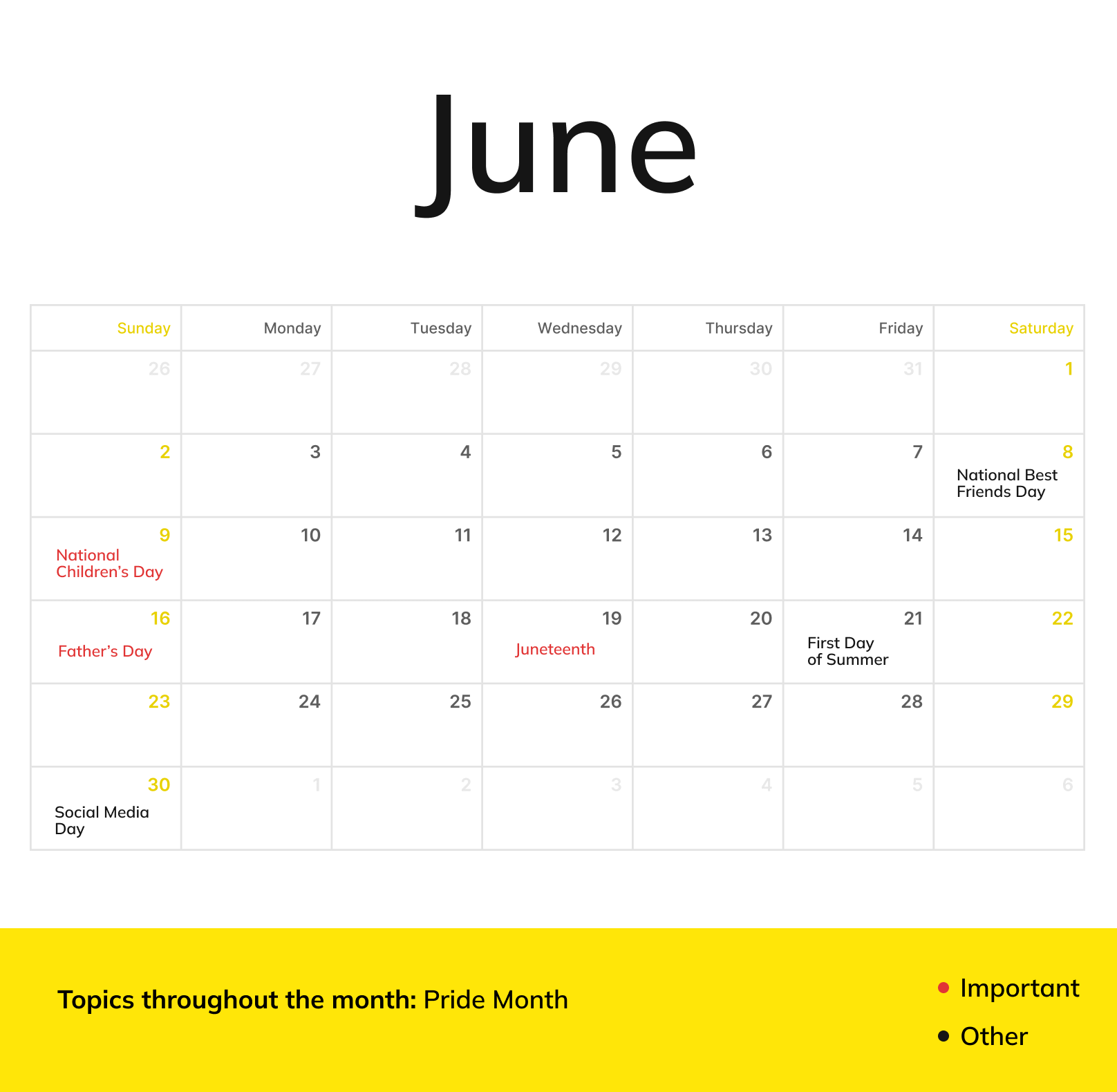 A June monthly calendar with holidays and topics throughout the month being Pride Month