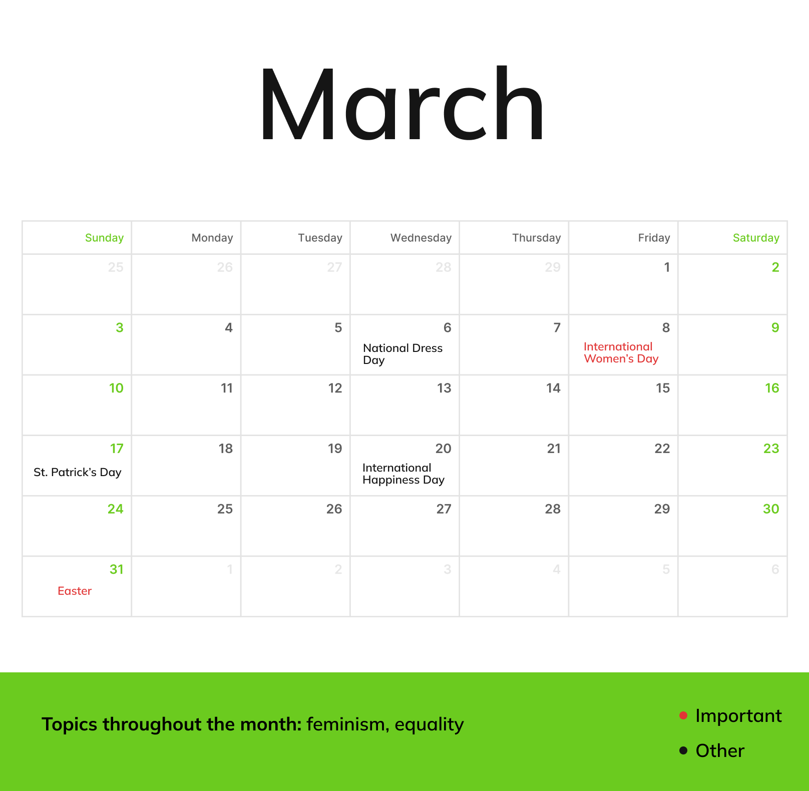A March monthly calendar with holidays and topics throughout the month being feminism, equality