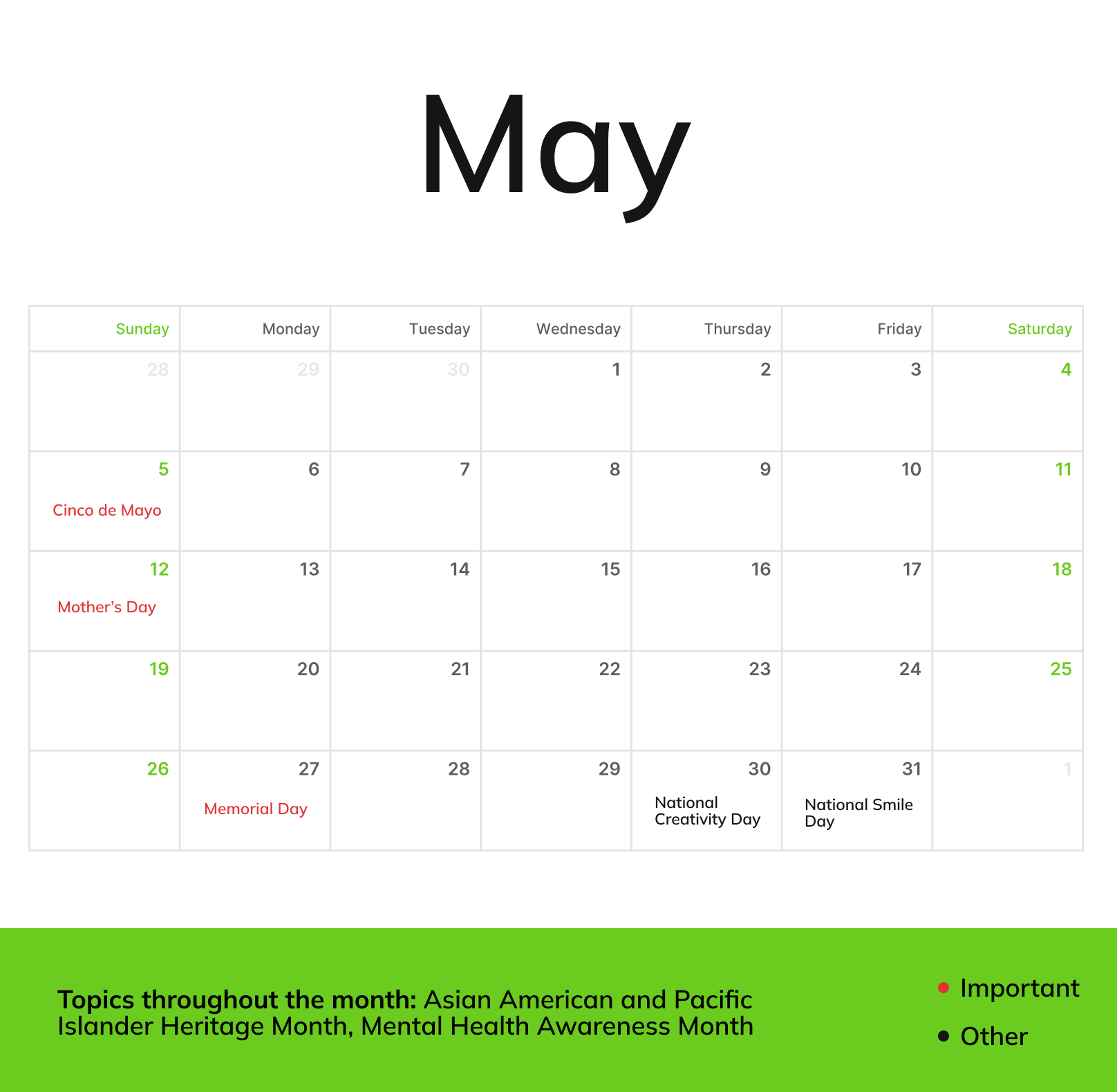 A May monthly calendar with holidays and topics throughout the month being Asian American and Pacific Islander Heritage Month, Mental Health Awareness Month